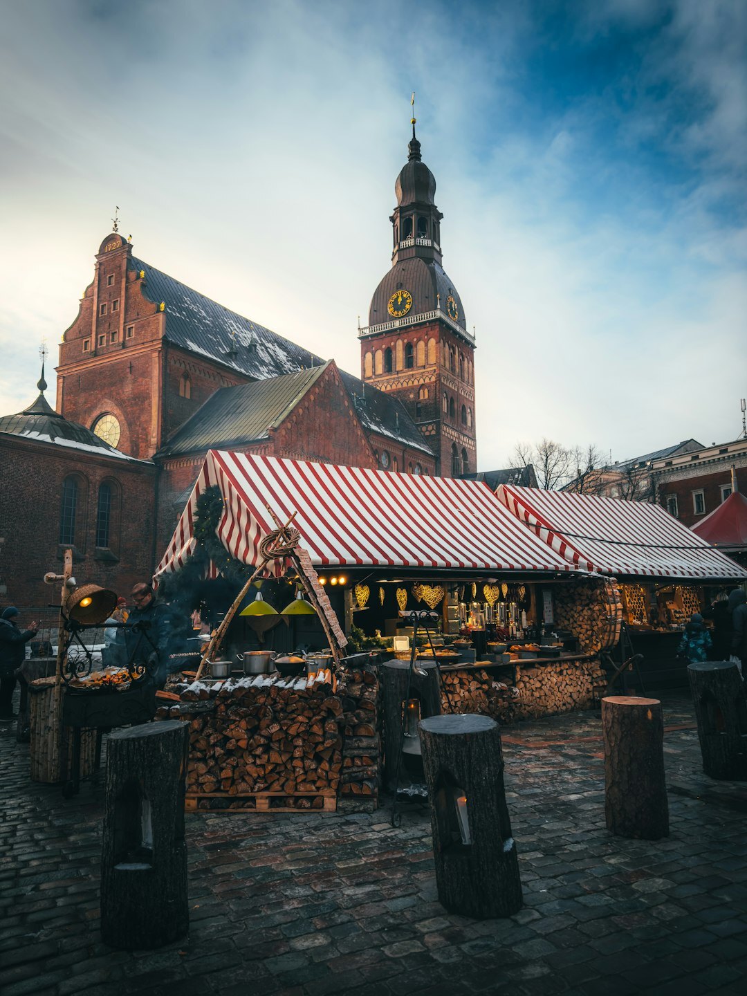 Danish town square marketplace with a historic church tower in the background